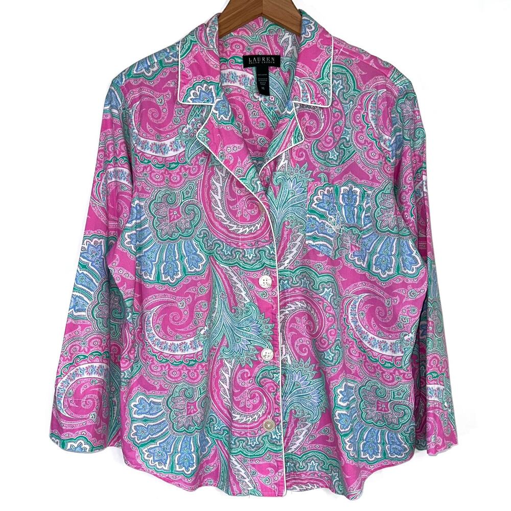Lauren Ralph Lauren Women’s Cotton Pink Paisley Button Down Pajama Shirt Size XL